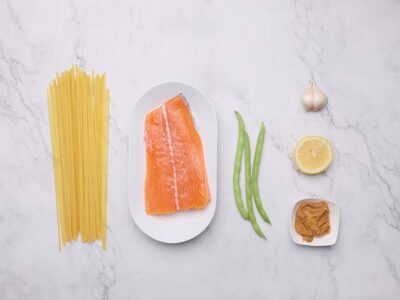 Baked Parchment Miso Salmon with French Beans and Pasta (serves 2)