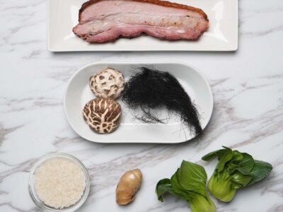 Braised Mushrooms with Roast Pork & Fatt Choy (serves 2)