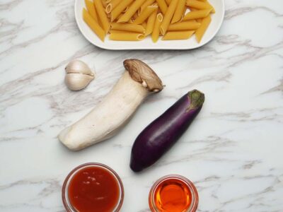 Mushrooms & Eggplant Penne Arrabiata (Vegan) (serves 2)