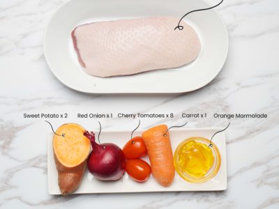 Crispy Orange Duck Breast with Roasted Vegetables (Serves 2)