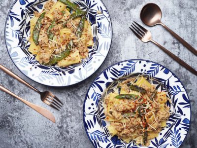 Crabmeat Rigatoni with Brown Butter Sage Sauce and Charred Sweet Peas (Serves 2)