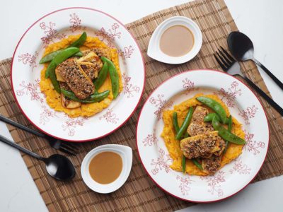 Vegan Seeds Crusted Tofu with Sweet Potato Chickpeas Mash (Serves 2)